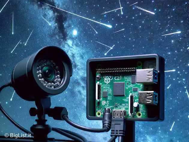 A Raspberry Pi connected to a CCTV camera pointing at a starry night sky, capturing meteors, satellites, and constellations.