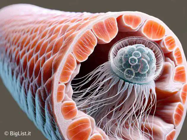 microscopic view of a jellyfish-like parasite, scientifically accurate, inside the flesh of a salmon