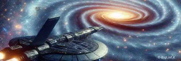 A futuristic spaceship using a warp drive to travel faster-than-light, with a background of stars and galaxies, and a depiction of gravitational waves rippling through space.