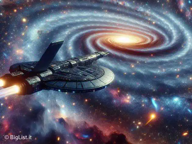 A futuristic spaceship using a warp drive to travel faster-than-light, with a background of stars and galaxies, and a depiction of gravitational waves rippling through space.