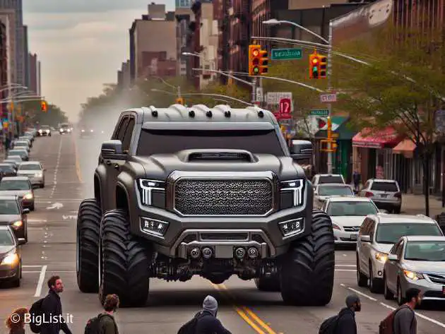 A gigantic SUV driving on a city street with worried pedestrians and cyclists nearby