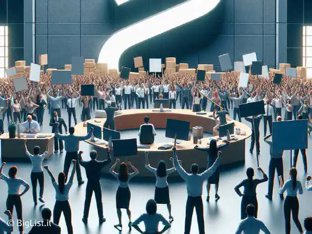 A dramatic scene depicting a large corporate office with protesting employees and a big 'Amazon' logo in the background.