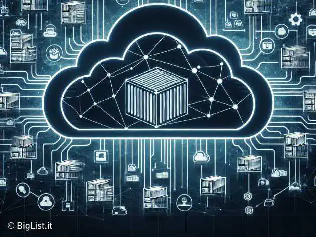 Kubernetes logo at the center of a digital cloud with connected containers and applications spread around.