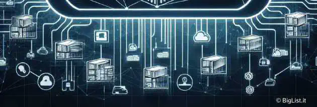 Kubernetes logo at the center of a digital cloud with connected containers and applications spread around.