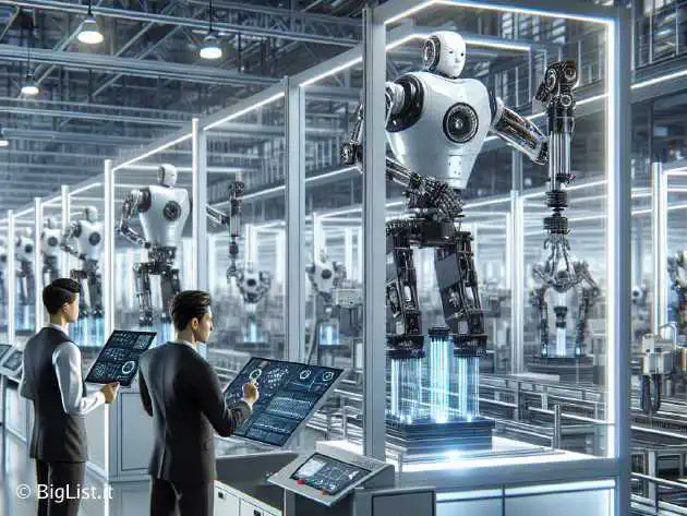 A modern, highly automated factory production line with robots and minimal human workers, in a sleek, high-tech environment.