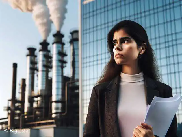 A concerned woman holding a document outside a corporate building, with a hidden factory emitting gas in the background.