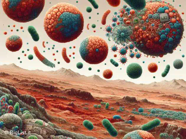 a scientific representation of synthetic biology microorganisms transforming Mars' surface.