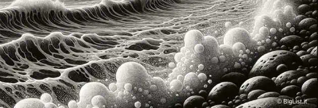 A detailed view of Titan's coastline with waves of liquid methane and ethane crashing against the shore.