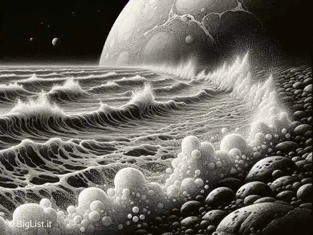 A detailed view of Titan's coastline with waves of liquid methane and ethane crashing against the shore.