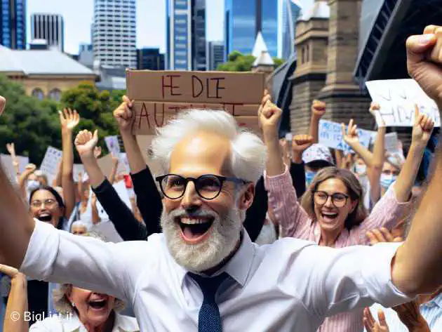 Julian Assange celebrating in Australia surrounded by supporters with signs.