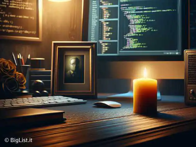 A tribute scene with a computer and coding environment, dim lights and a single candle, signifying the passing of a key figure in the tech community.