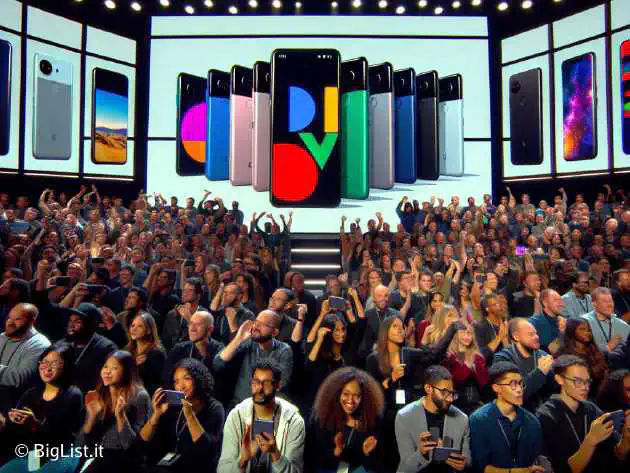 Google Pixel 9 devices during a vibrant presentation event, audience excited, modern stage set up