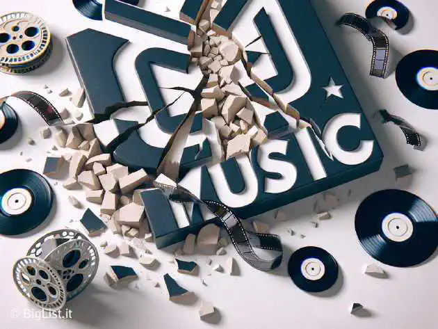 A shattered MTV logo with an empty film reel and broken vinyl records, symbolizing the end of an era in music journalism.