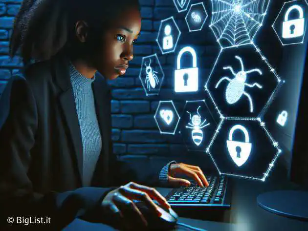 A person searching for sensitive information on a computer, surrounded by symbols representing security vulnerabilities.