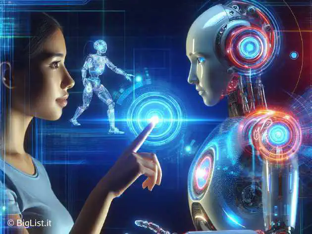 A futuristic robot interacting with a human, digital background, concept of advanced AI