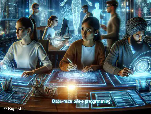 A futuristic scene of software developers working in a high-tech development environment, with holographic data flows symbolizing data-race safe programming.