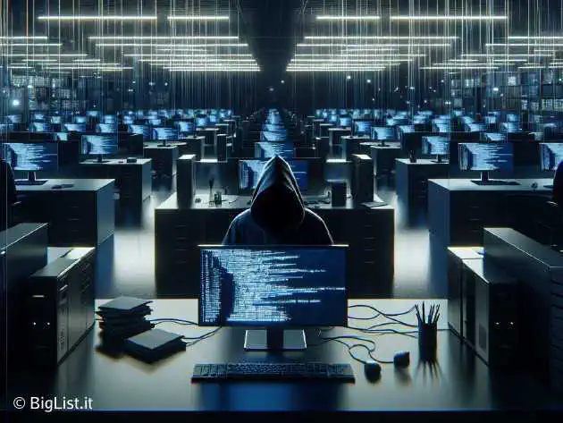 A view of a large corporate office with computers interconnected, signifying a network breach, with dark shadows representing hackers in the background.