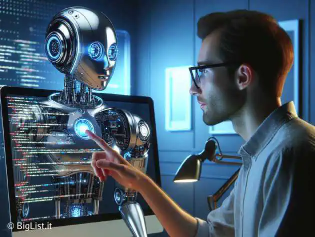 a futuristic robot assisting a human in debugging code on a sleek computer screen