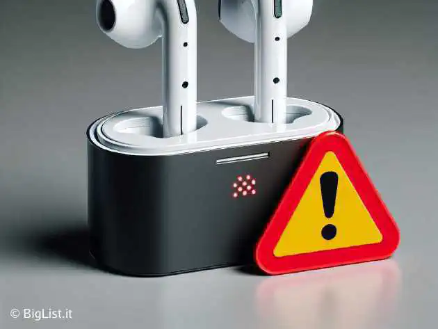 A pair of Apple AirPods with a warning symbol next to them, indicating a security vulnerability.