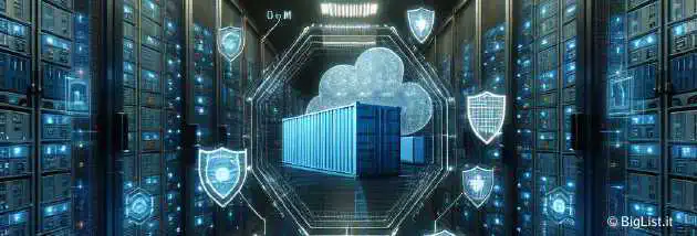 A futuristic server room with holographic images showing Docker containers and security shields. Background should have logos of major cloud providers.