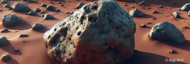 A Martian landscape with the Perseverance rover discovering a unique boulder standing out among others.