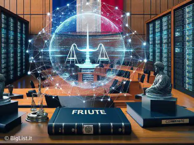 A futuristic courtroom with tech devices and legal documents, symbolizing digital piracy laws, DNS servers with a French flag.