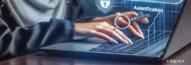 An image of a person using a security key on their computer to access AWS services, symbolizing multi-factor authentication.