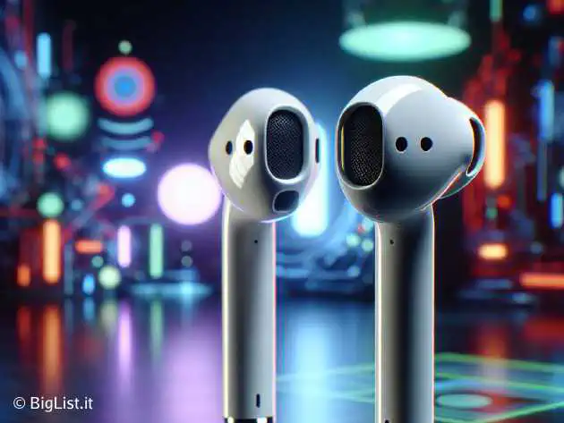 Apple AirPods featuring an IR camera module, futuristic background