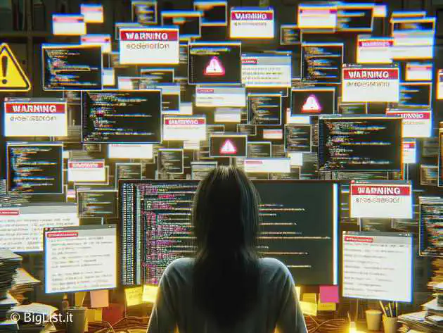 An illustration of a frustrated developer coding while surrounded by warning symbols and notifications in a digital environment.