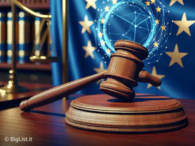 A courtroom scene with a gavel and the Meta logo, set against a European Union flag backdrop.