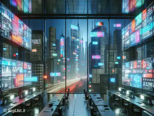 A futuristic newsroom with AI-generated headlines showing incorrect information on screens, set in a modern cityscape.