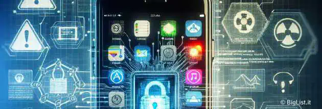 An image of a sophisticated digital spyware attack targeting an iPhone with warning signs and security symbols.