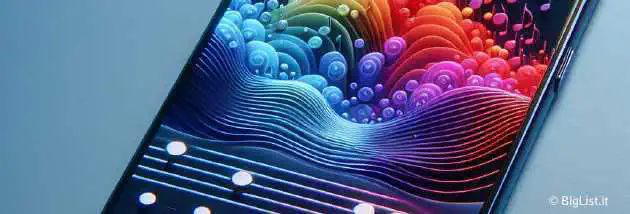 an iPhone displaying a music composition app interface with vibrant, colorful visualizations and text prompts turning into musical notes