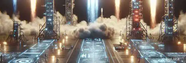 A futuristic rocket launch pad with multiple rocket launches happening simultaneously.