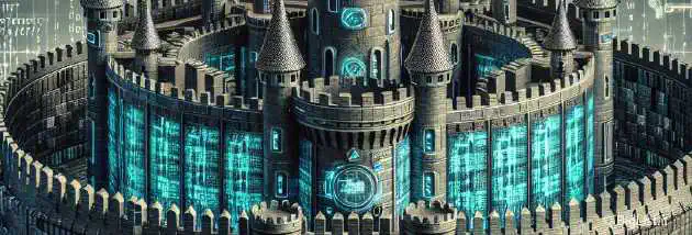 A digital fortress representing the security layers surrounding the KVM hypervisor, with subtle elements denoting high stakes and rewards.
