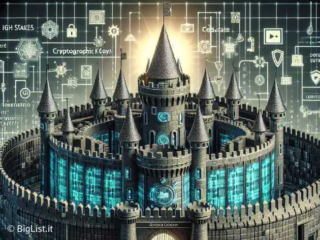 A digital fortress representing the security layers surrounding the KVM hypervisor, with subtle elements denoting high stakes and rewards.