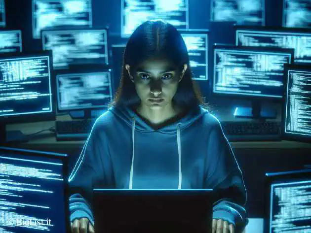 A hacker sitting at a computer in a dimly lit room, with screens displaying codes and the Twilio logo visible. The image conveys a sense of security breach and hacking.