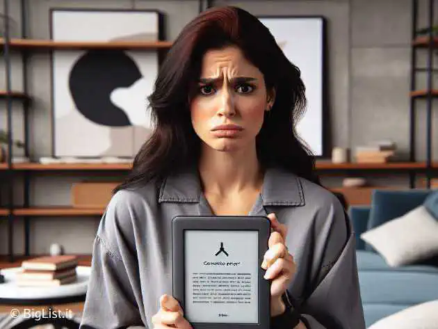 A frustrated user holding a Kindle e-reader with a 'connection error' message on the screen, in a modern living room setting.