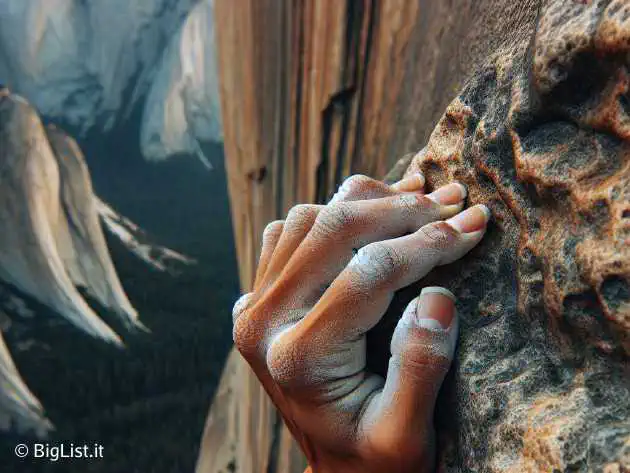 close-up of someone rock climbing on El Capitan, focus on the hands and fingers gripping the rock