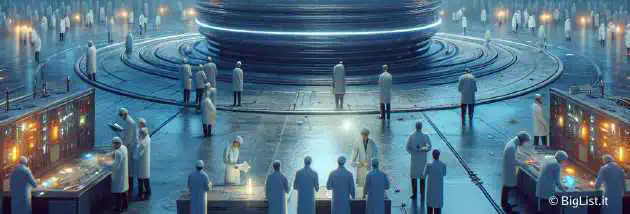 A futuristic, giant fusion reactor with toroidal magnetic coils glowing and emitting bluish light. Background showing scientists in lab coats working around it.