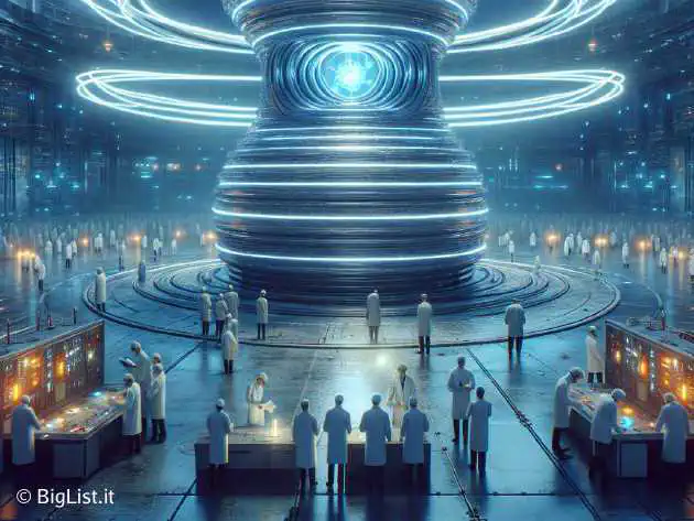 A futuristic, giant fusion reactor with toroidal magnetic coils glowing and emitting bluish light. Background showing scientists in lab coats working around it.