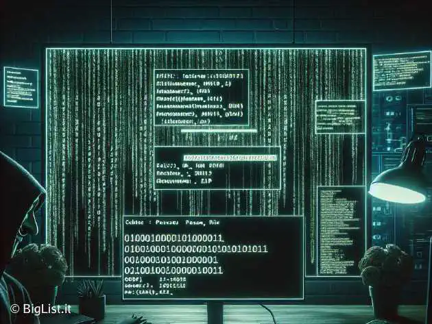 A dark-themed image showing a hacker's computer screen with a massive list of exposed passwords scrolling.