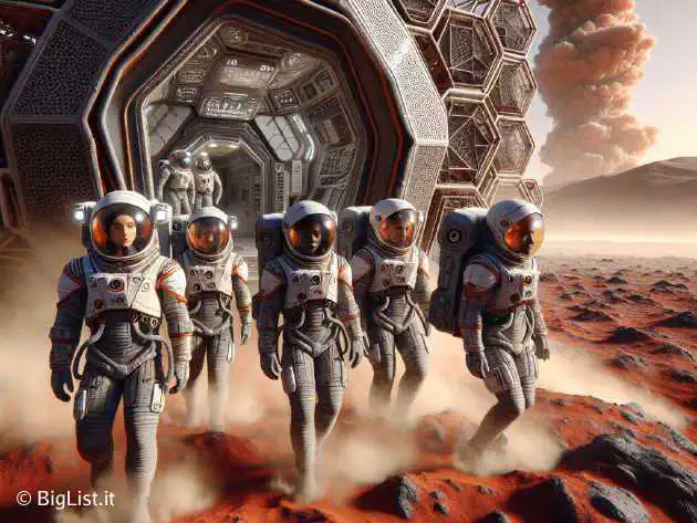 Group of astronauts emerging from a 3D-printed habitat in a Martian-like environment