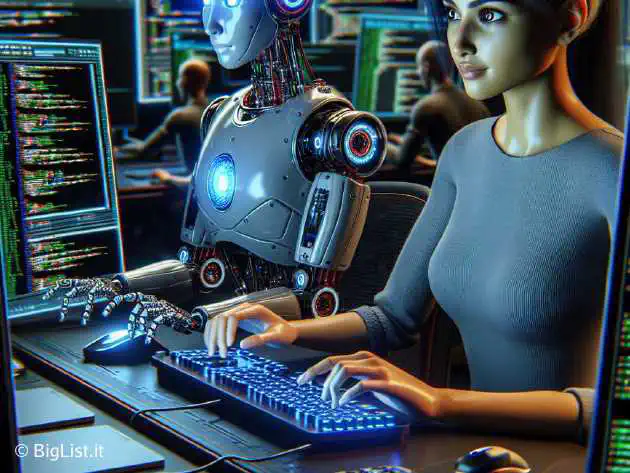 A humanoid robot coding alongside a human programmer at a modern workstation, both absorbed in their work. Background features lines of code on large screens.