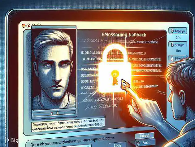 A digital illustration showing a computer screen with Signal app open, highlighting a security breach with exposed encryption keys in plain text. The background shows a concerned user.