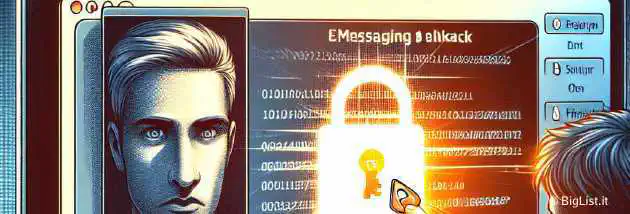 A digital illustration showing a computer screen with Signal app open, highlighting a security breach with exposed encryption keys in plain text. The background shows a concerned user.