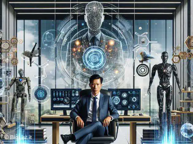 A futuristic office setting with AI-themed decorations, featuring a confident business leader at a desk, symbolizing the role of Chief AI Officer (CAIO) in modern enterprises.