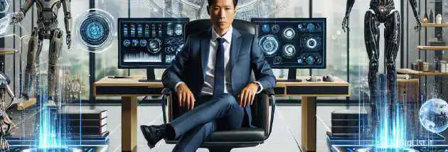 A futuristic office setting with AI-themed decorations, featuring a confident business leader at a desk, symbolizing the role of Chief AI Officer (CAIO) in modern enterprises.