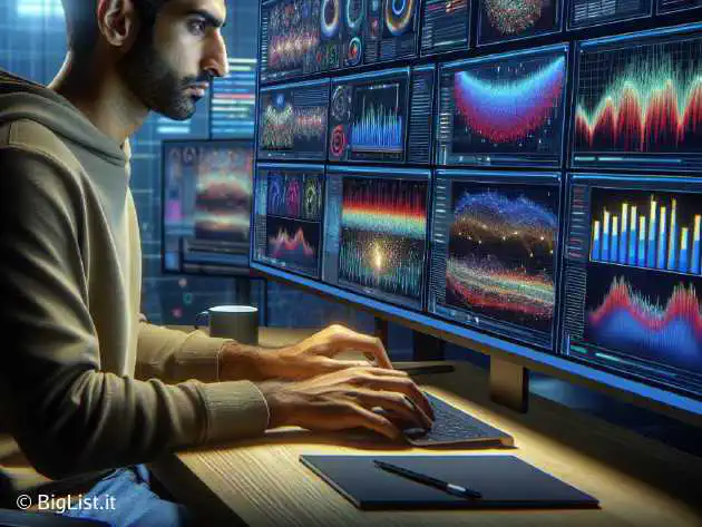 An AI researcher analyzing different prompt designs on a computer screen with data visualization graphs in the background.