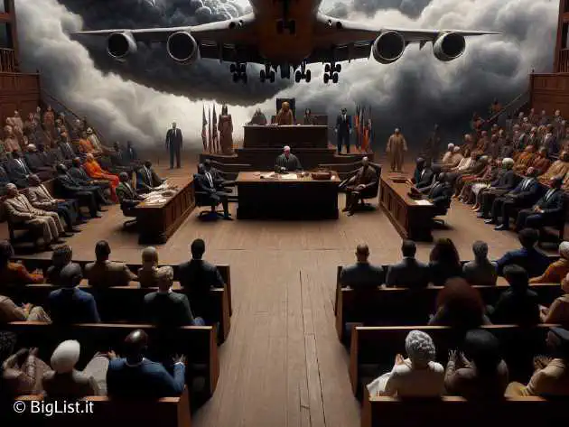 A dramatic scene of a large airplane with a somber, cloudy backdrop, courtroom in the foreground, diverse people gathered, some expressing anger and others in tears.